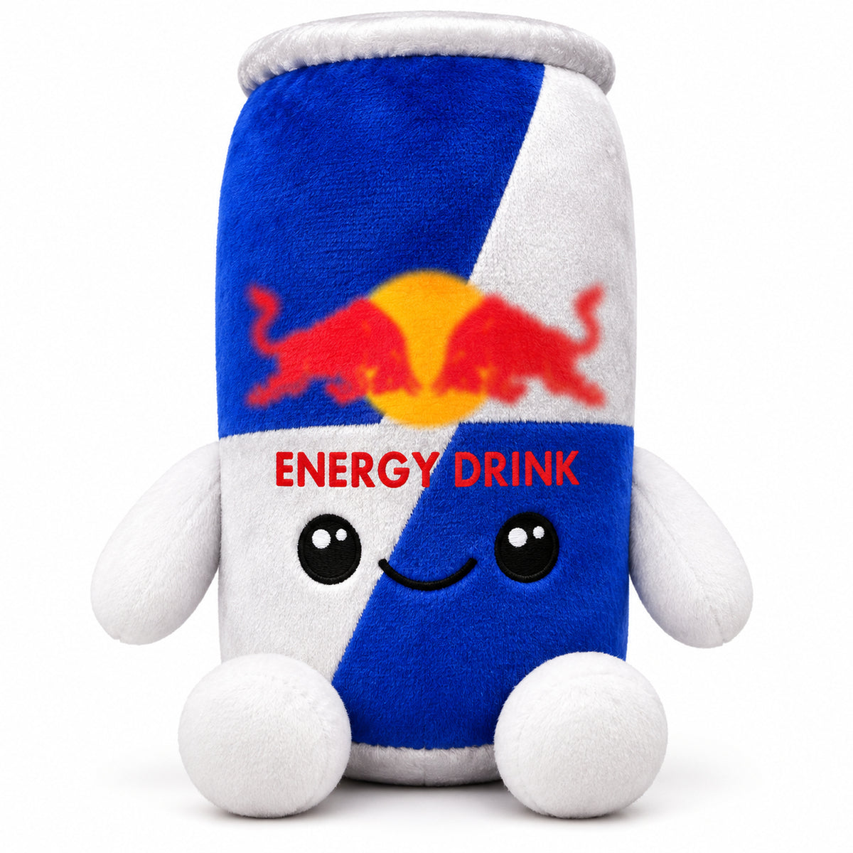 Original - Classic Blue & Silver energy drink can plush toy with smiling face