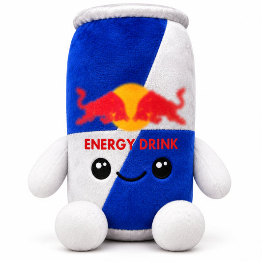 Original - Classic Blue & Silver energy drink can plush toy with smiling face