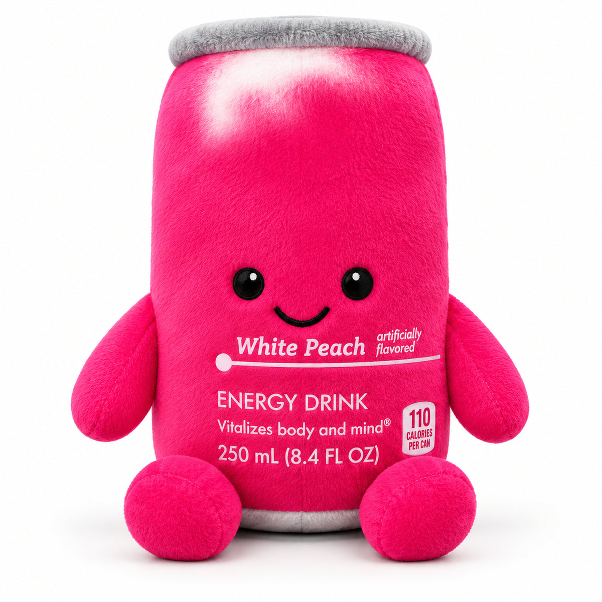 White Peach - Pink Edition energy drink can plush toy with smiling face