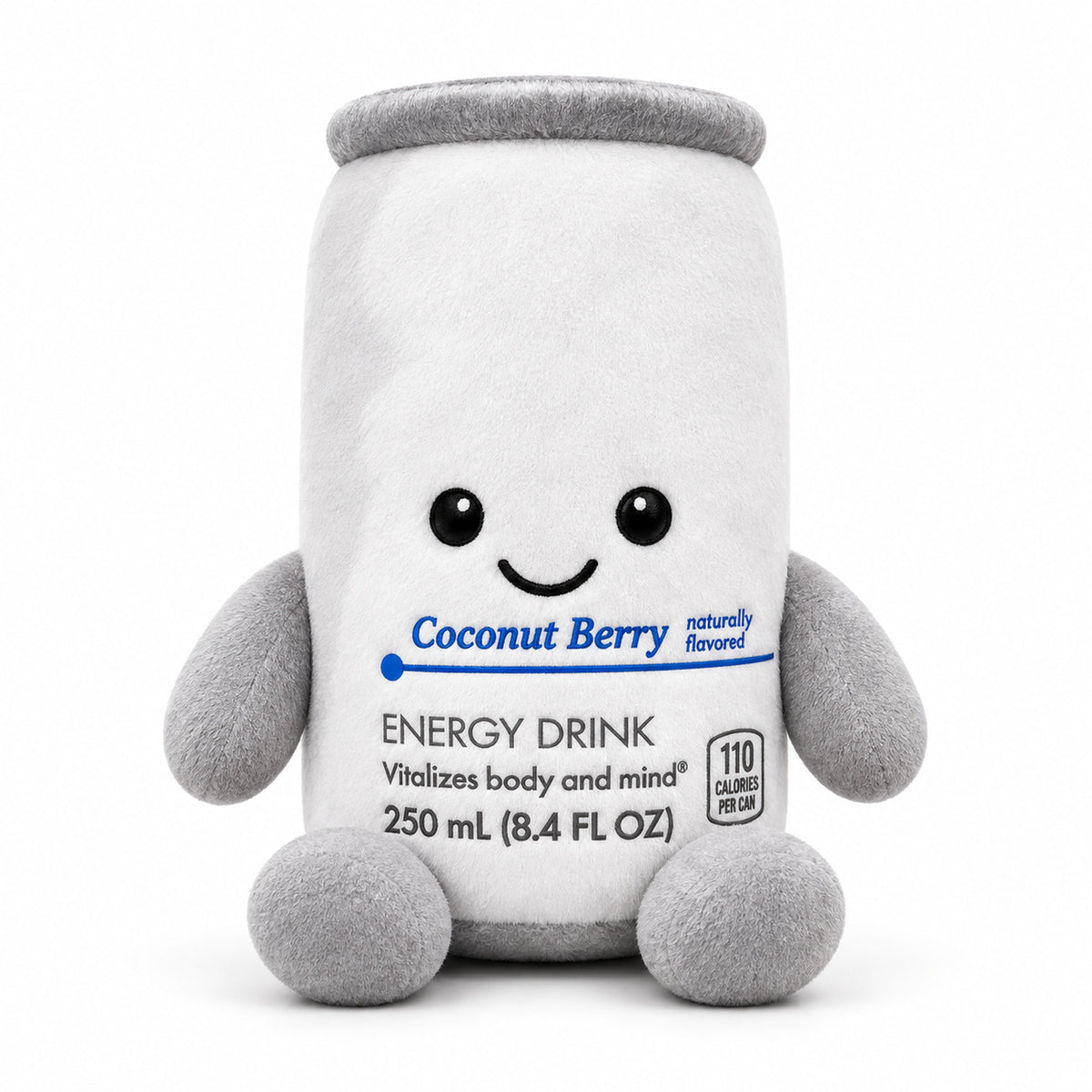 Coconut Berry - White Edition energy drink can plush toy with smiling face