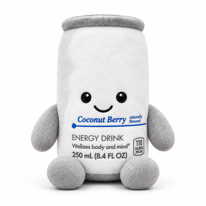 Coconut Berry - White Edition energy drink can plush toy with smiling face