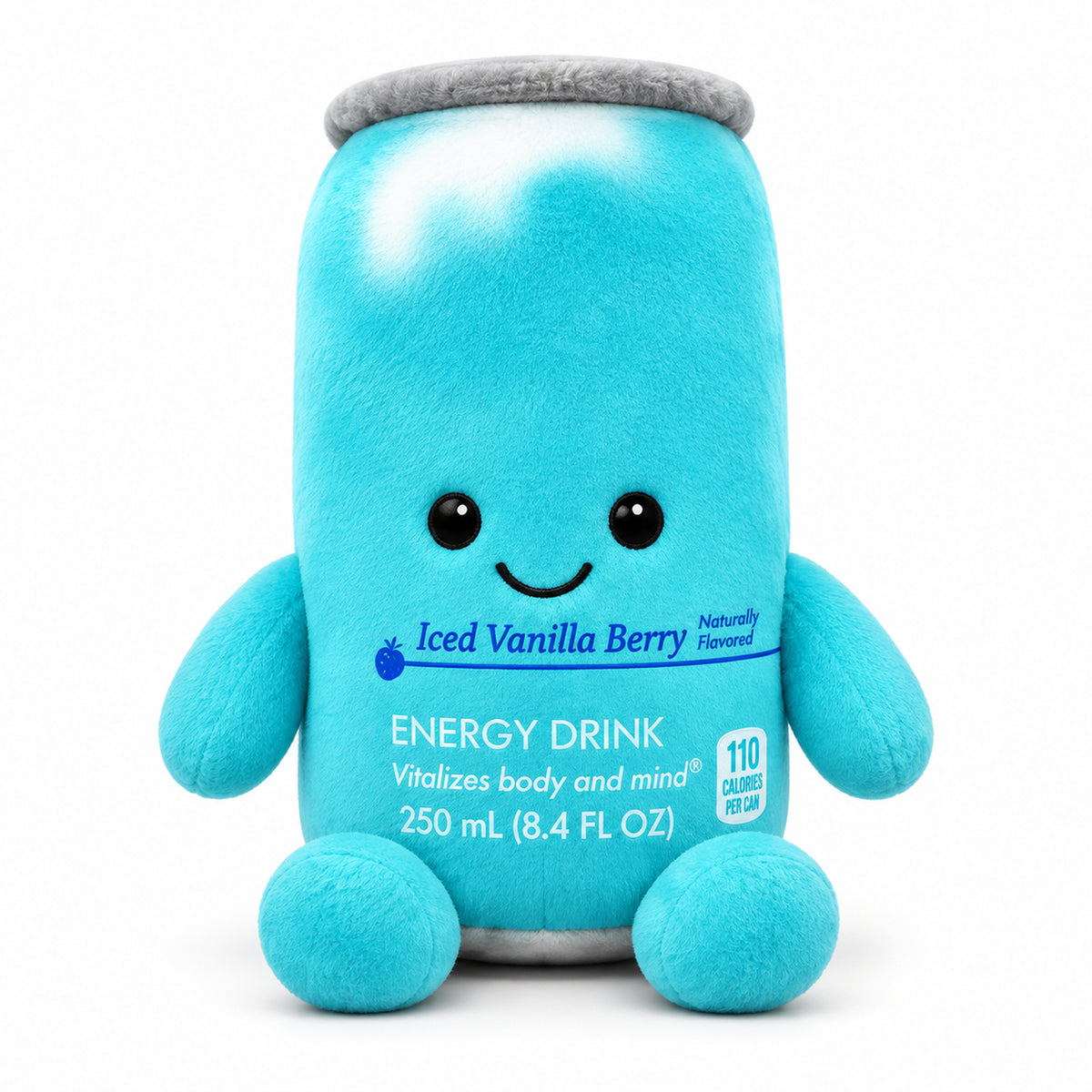 Iced Vanilla Berry - Turquoise Edition energy drink can plush toy with smiling face