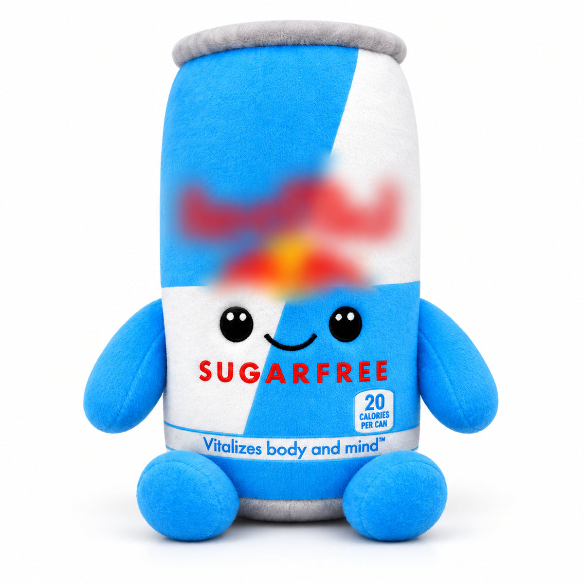 Sugarfree - Ice Blue & Silver energy drink can plush toy with smiling face