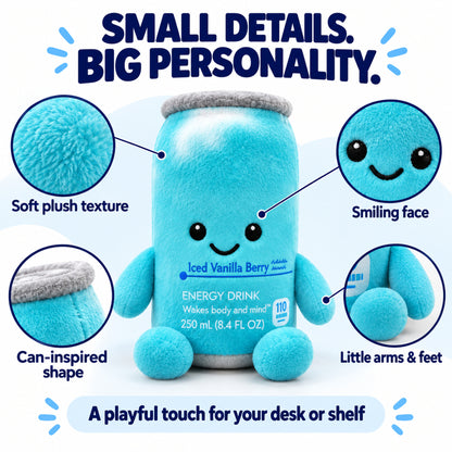 Plush can toy details showing fabric texture, smiling face, arms and feet