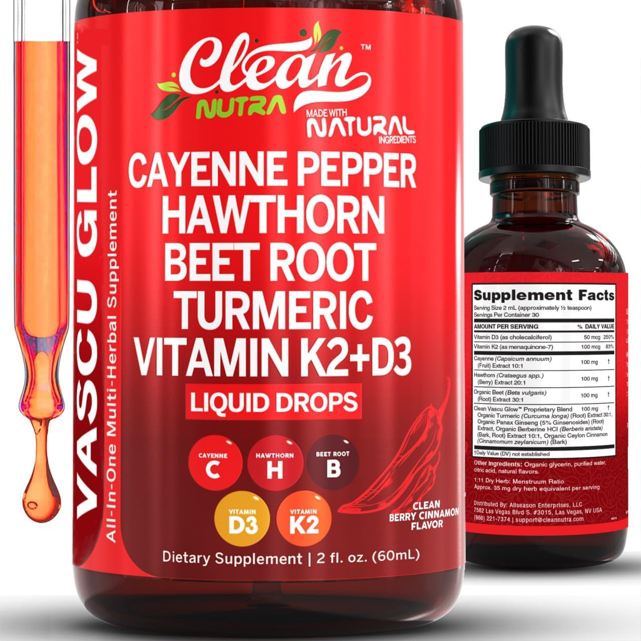 Liquid Extract – Cayenne, Hawthorn & Beet Root Blend | Vitamin D3 + K2 Complex | Berry Cinnamon Flavor